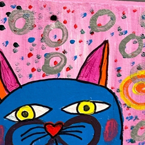 Cat Painting On Wood Nursery Pink Pop Art 9 X 7.5 Whimsical Swirls Dots Fun - Picture 3 of 15